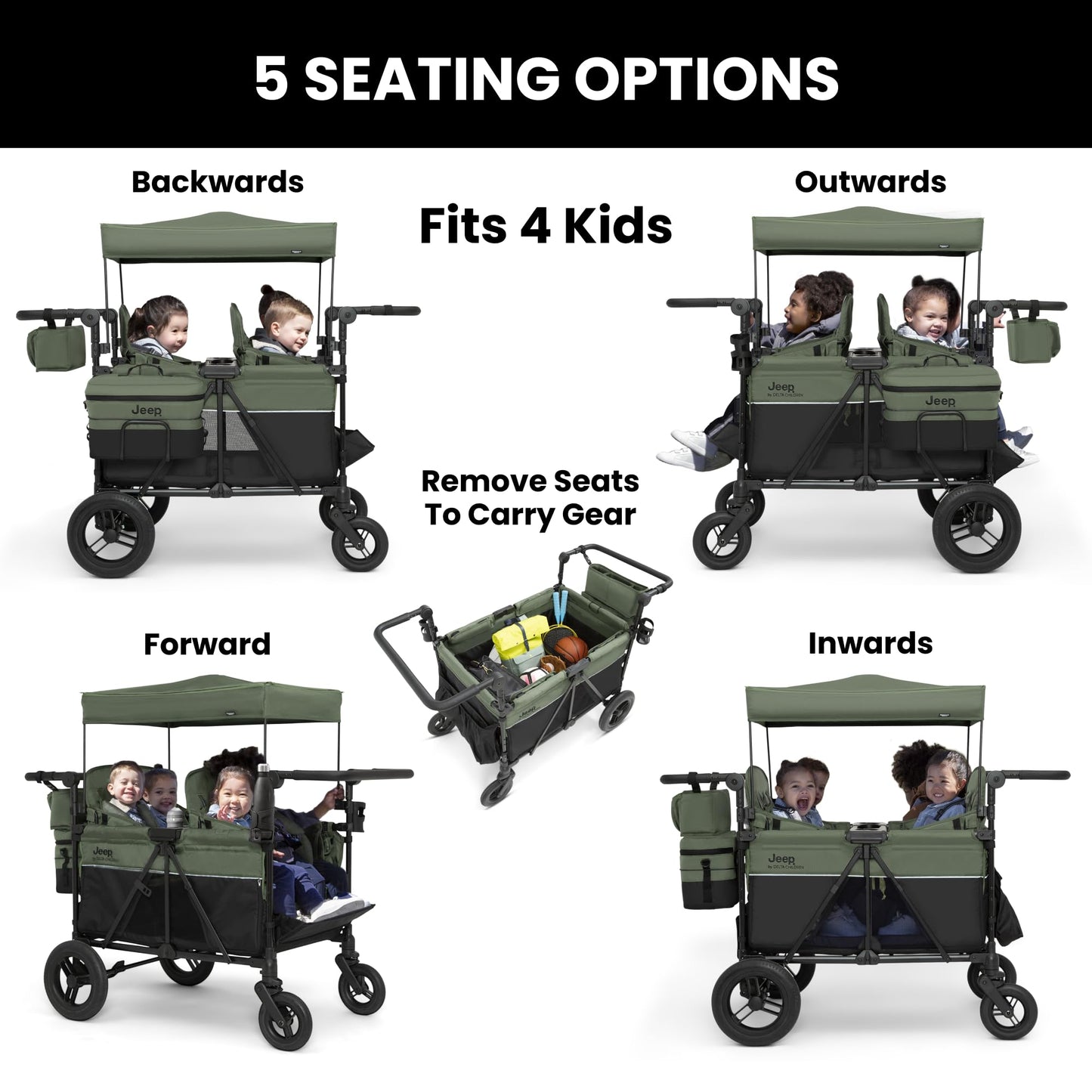 4-Seater All-Terrain Wagon Stroller with Foldable Frame & Adjustable Handlebar
