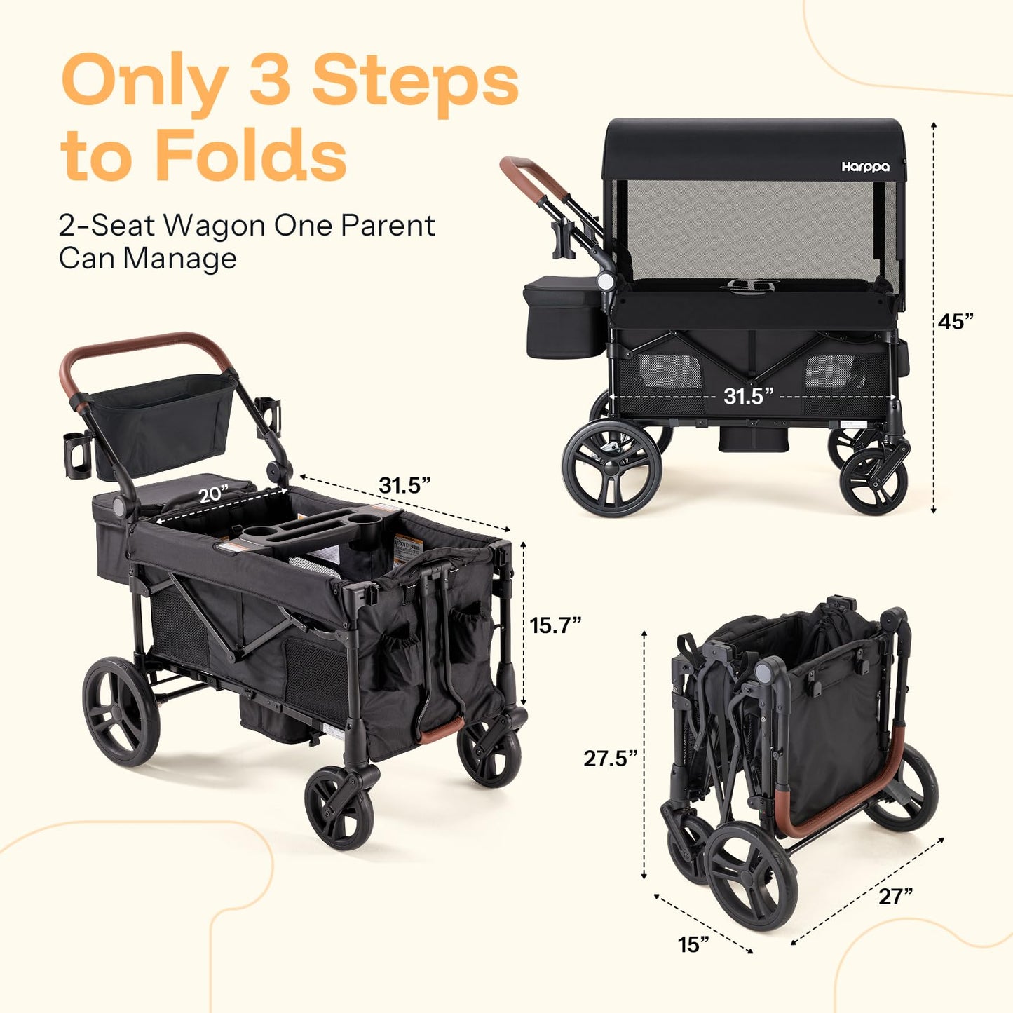 Foldable Wagon Stroller with Adjustable Handlebar & Canopy