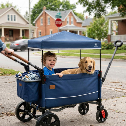2-Seater Wagon Stroller with Side-Zip Access Door, Push-Pull Handle & UV Canopy