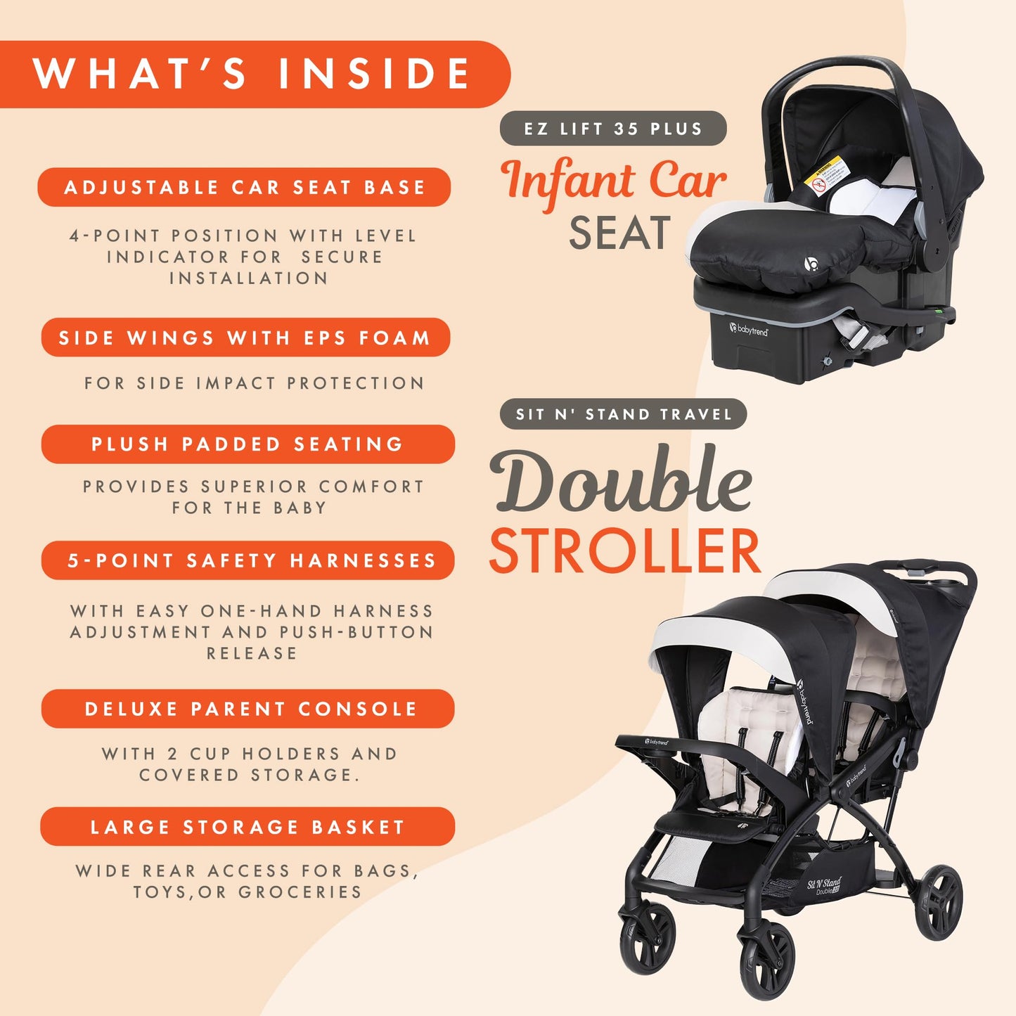 Double Stroller Travel System with Infant Car Seats, Lightweight Tandem Design