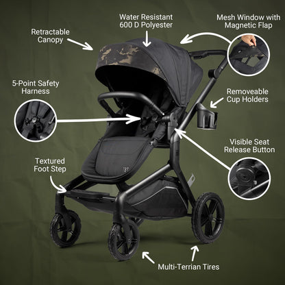 All-Terrain Rugged Stroller with Adjustable Canopy & Storage Basket