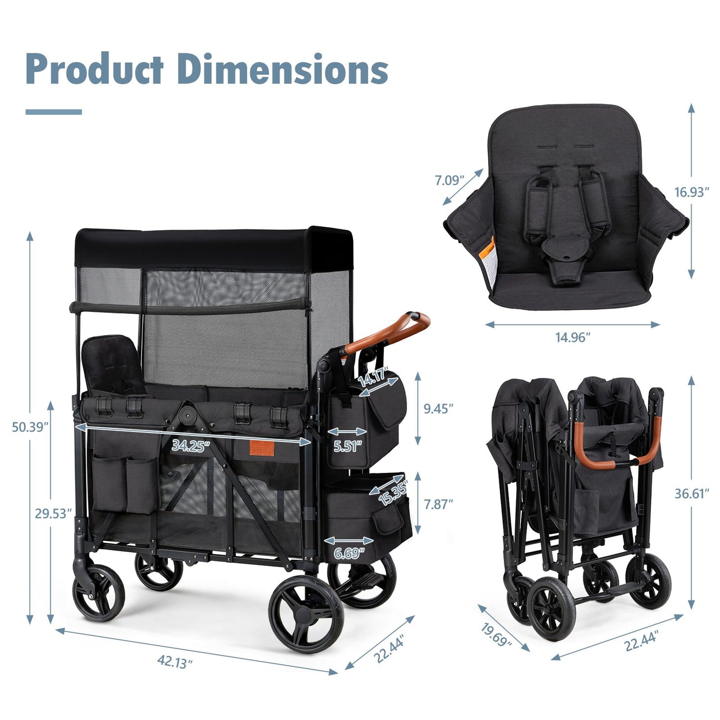 2-Seater Wagon Stroller with High Seat Design, 5-Point Harness & Foldable All-Terrain Frame
