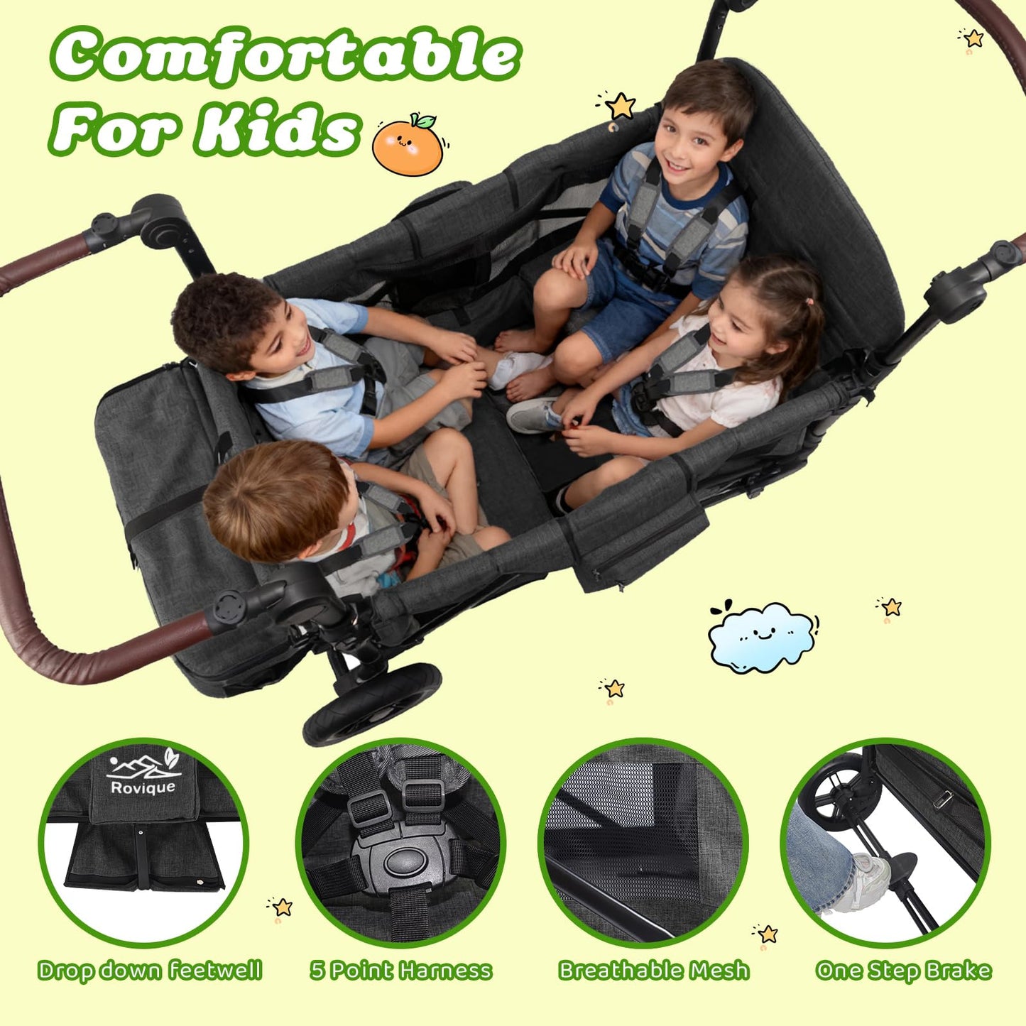 4-Seater All-Terrain Wagon Stroller with Extended Frame, Foldable Design & Large Storage Capacity