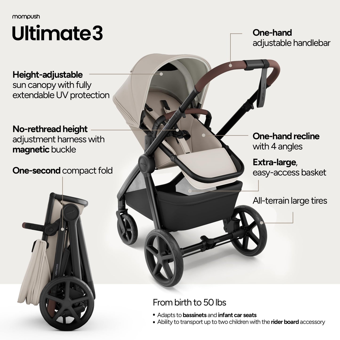 Full-Size Stroller with Bassinet, Newborn to Toddler Convertible Design