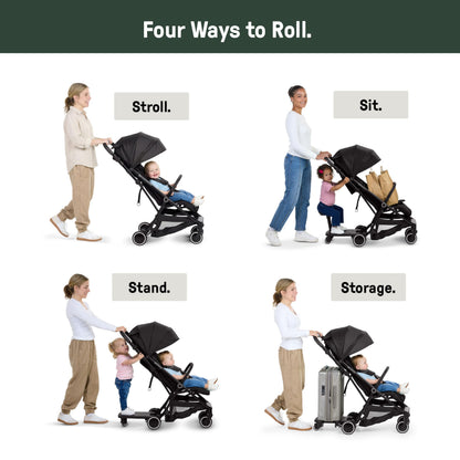 Lightweight Travel Stroller with Ride-On Board, One-Hand Fold & Airplane-Ready Compact Design