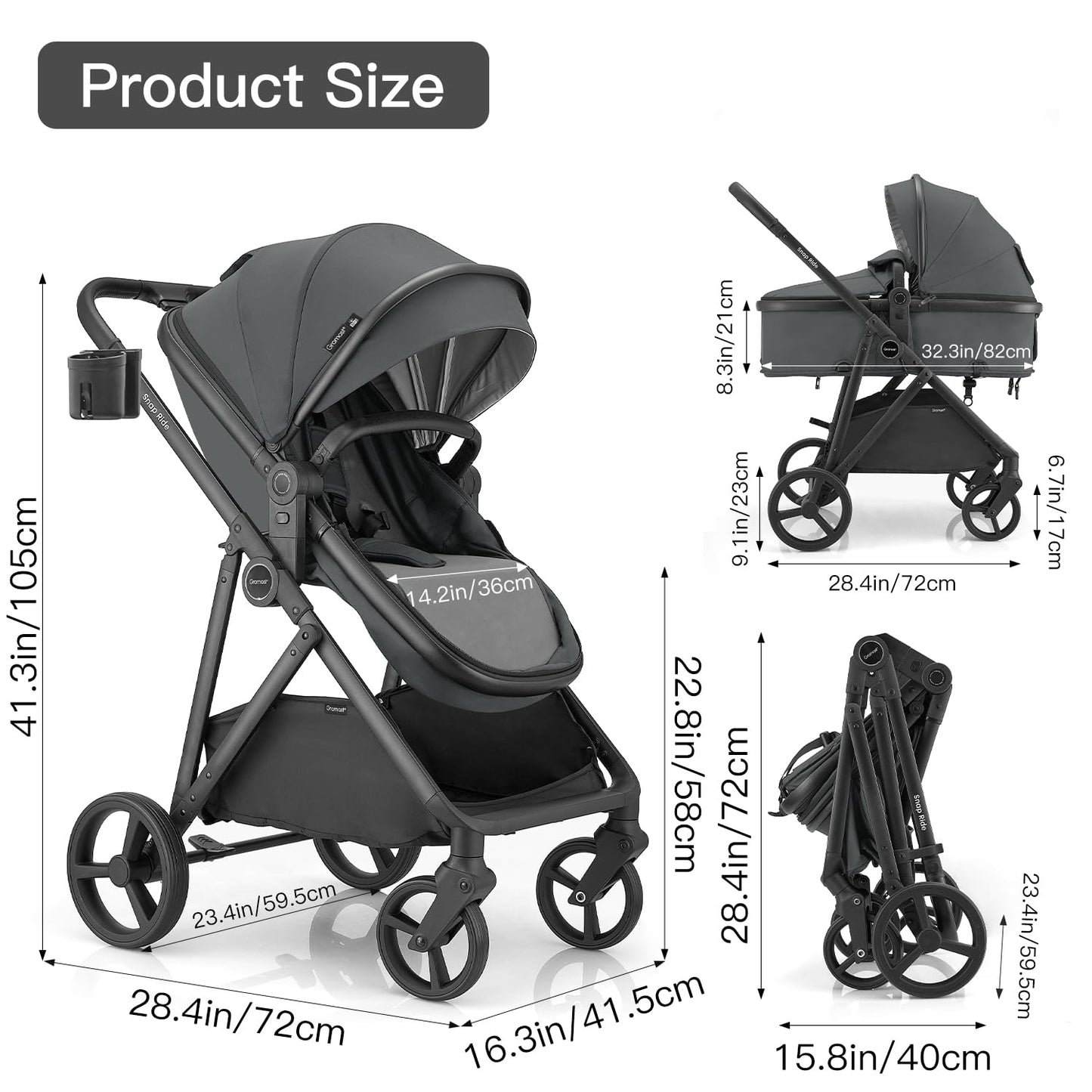 3-in-1 Baby Stroller Convertible Travel System with Bassinet Mode