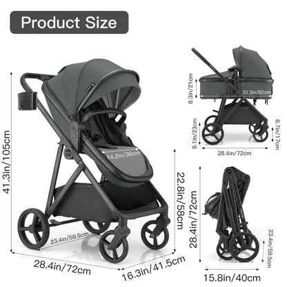 3-in-1 Baby Stroller Convertible Travel System with Bassinet Mode