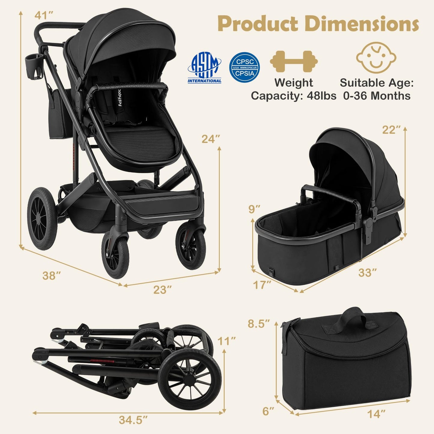 2-in-1 Convertible Baby Stroller with Bassinet Mode, Reversible Seat & Adjustable Canopy