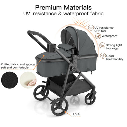 3-in-1 Baby Stroller Convertible Travel System with Bassinet Mode