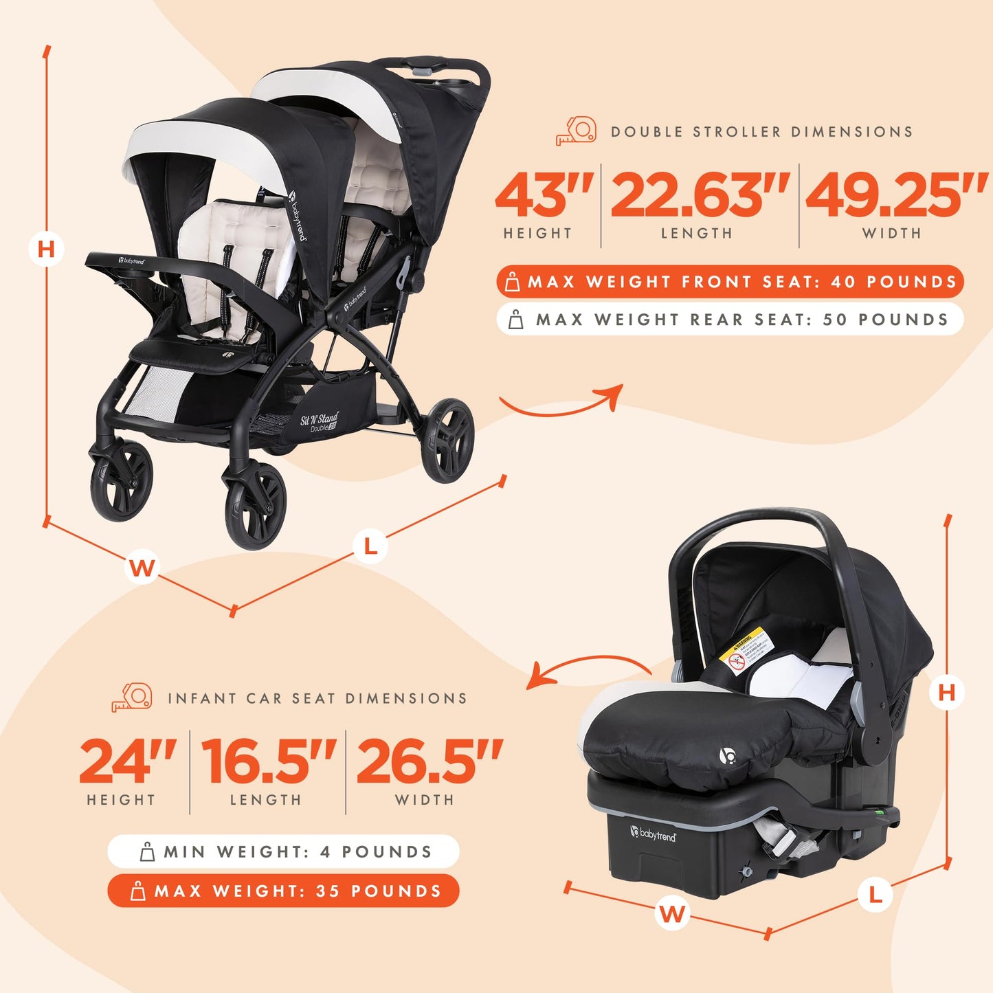 Double Stroller Travel System with Infant Car Seats, Lightweight Tandem Design