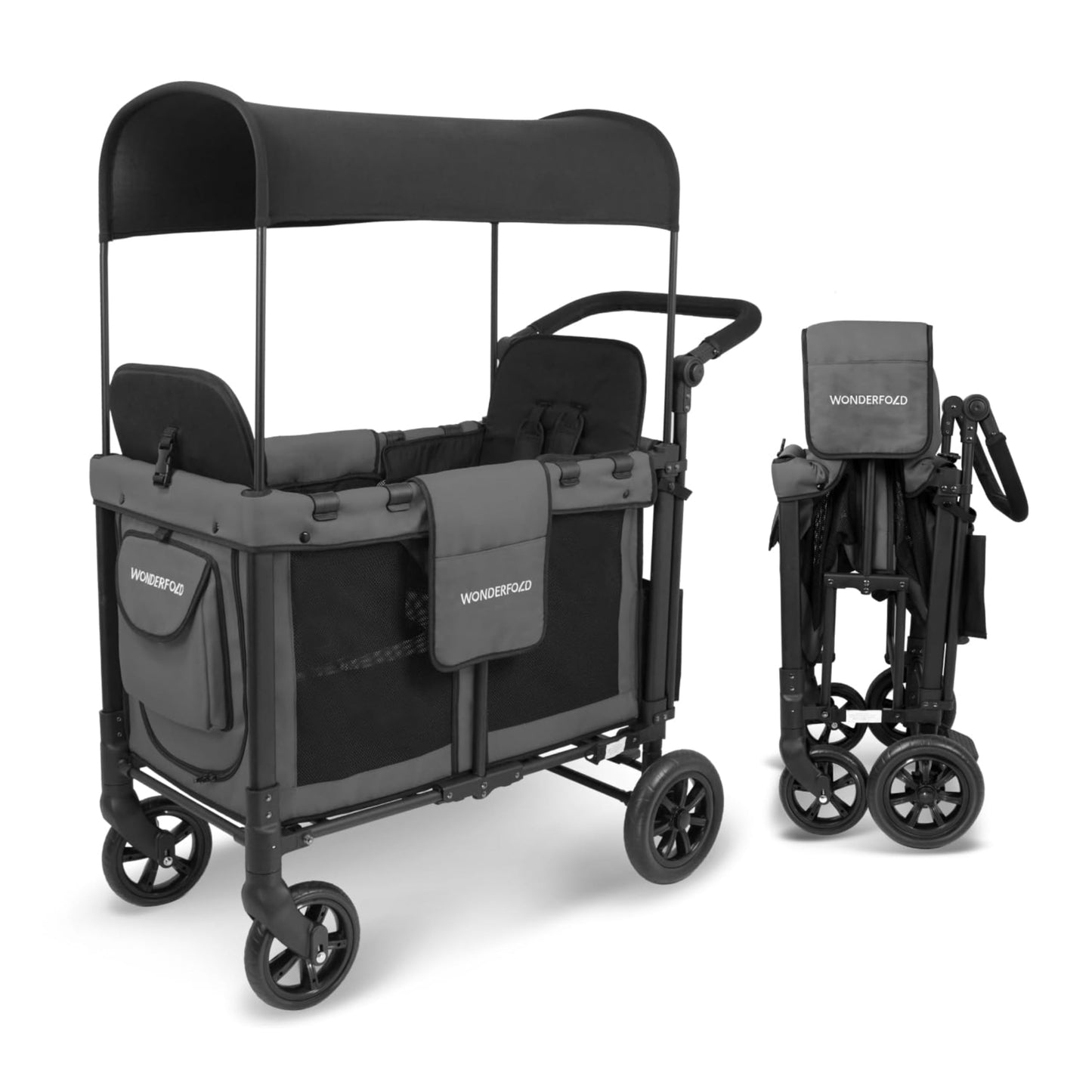 Stroller Wagon 2-Seater Collapsible with 5-Point Harness, Easy-Access Door & Adjustable Sun Canopy