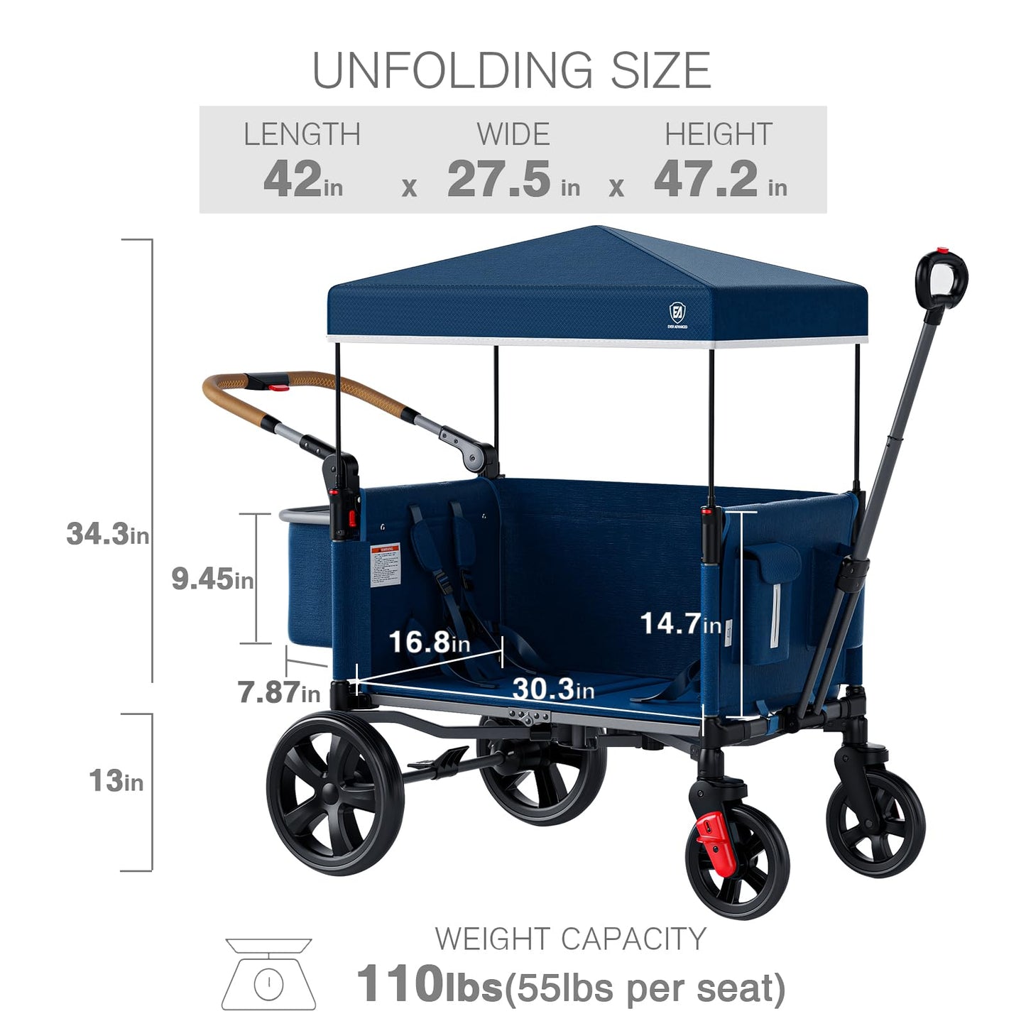 2-Seater Wagon Stroller with Side-Zip Access Door, Push-Pull Handle & UV Canopy