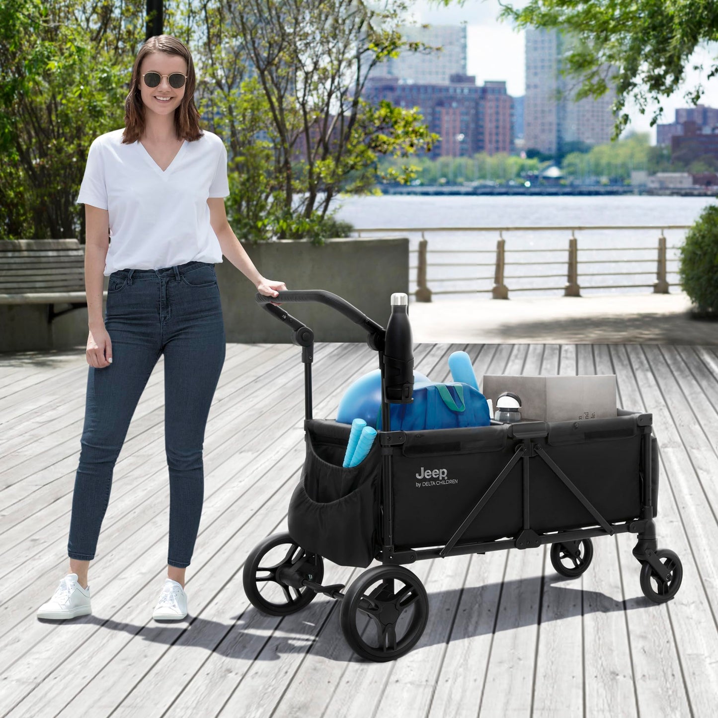 All-Terrain Wagon Stroller with Foldable Frame, Adjustable Handlebar & Storage Basket