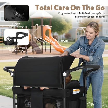 2-Seater Wagon Stroller with Foldable All-Terrain Design & Push-Pull Handle