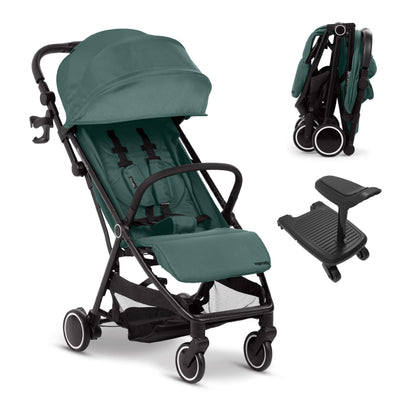 Lightweight Travel Stroller with Ride-On Board, One-Hand Fold & Airplane-Ready Compact Design