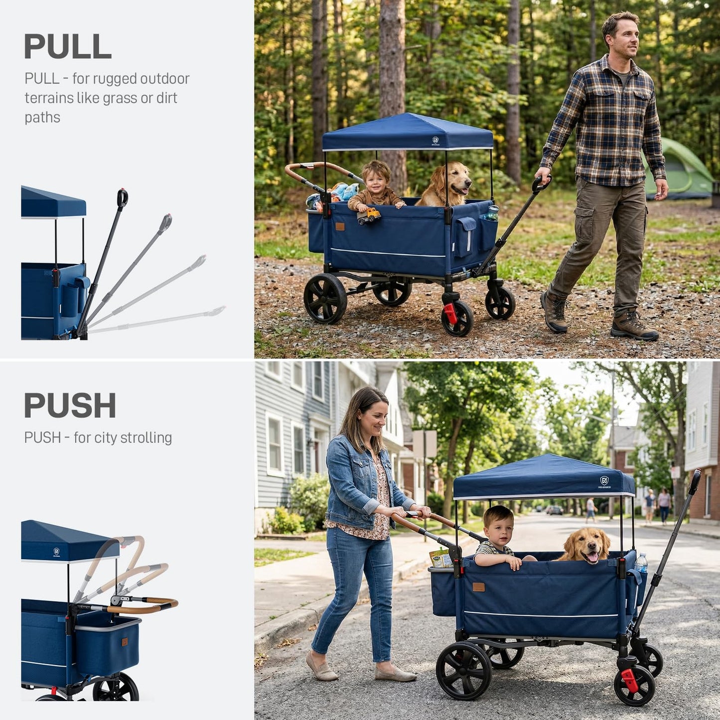 2-Seater Wagon Stroller with Side-Zip Access Door, Push-Pull Handle & UV Canopy
