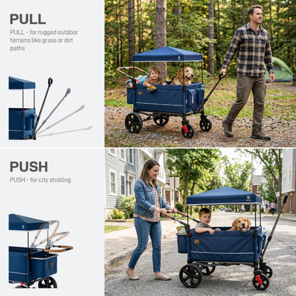 2-Seater Wagon Stroller with Side-Zip Access Door, Push-Pull Handle & UV Canopy