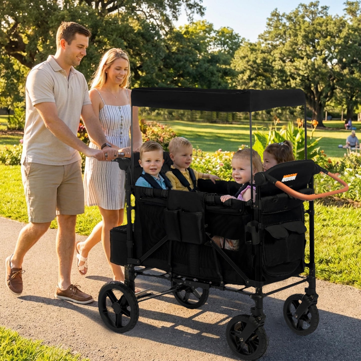 4-Seater All-Terrain Wagon Stroller with 5-Point Harness, UV Canopy & Adjustable Handlebar