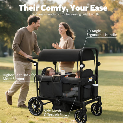 2-Seater Wagon Stroller with Foldable All-Terrain Design & Push-Pull Handle
