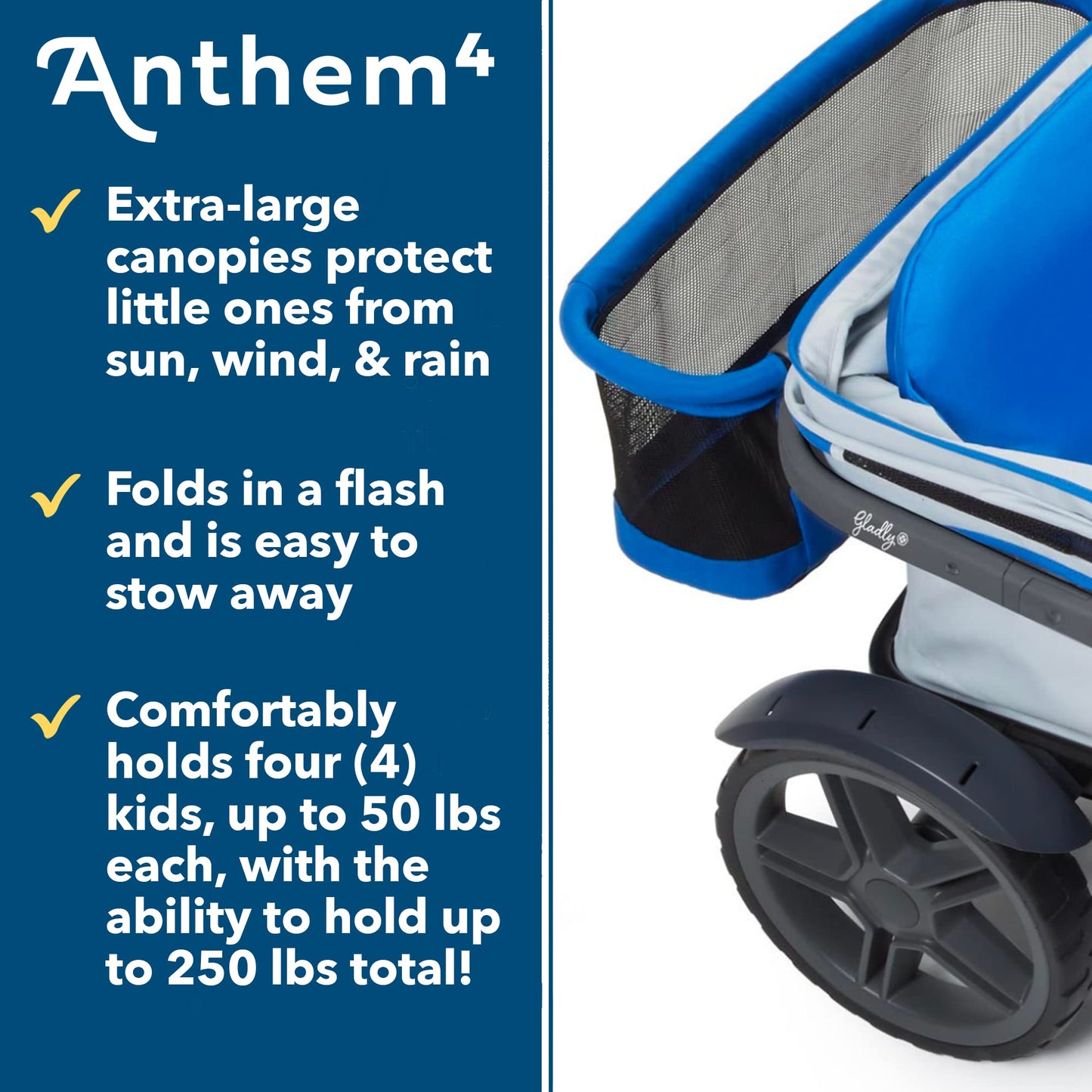 Quad All-Terrain Wagon Stroller with Easy Push & Pull, Removable Canopy & Foldable Design