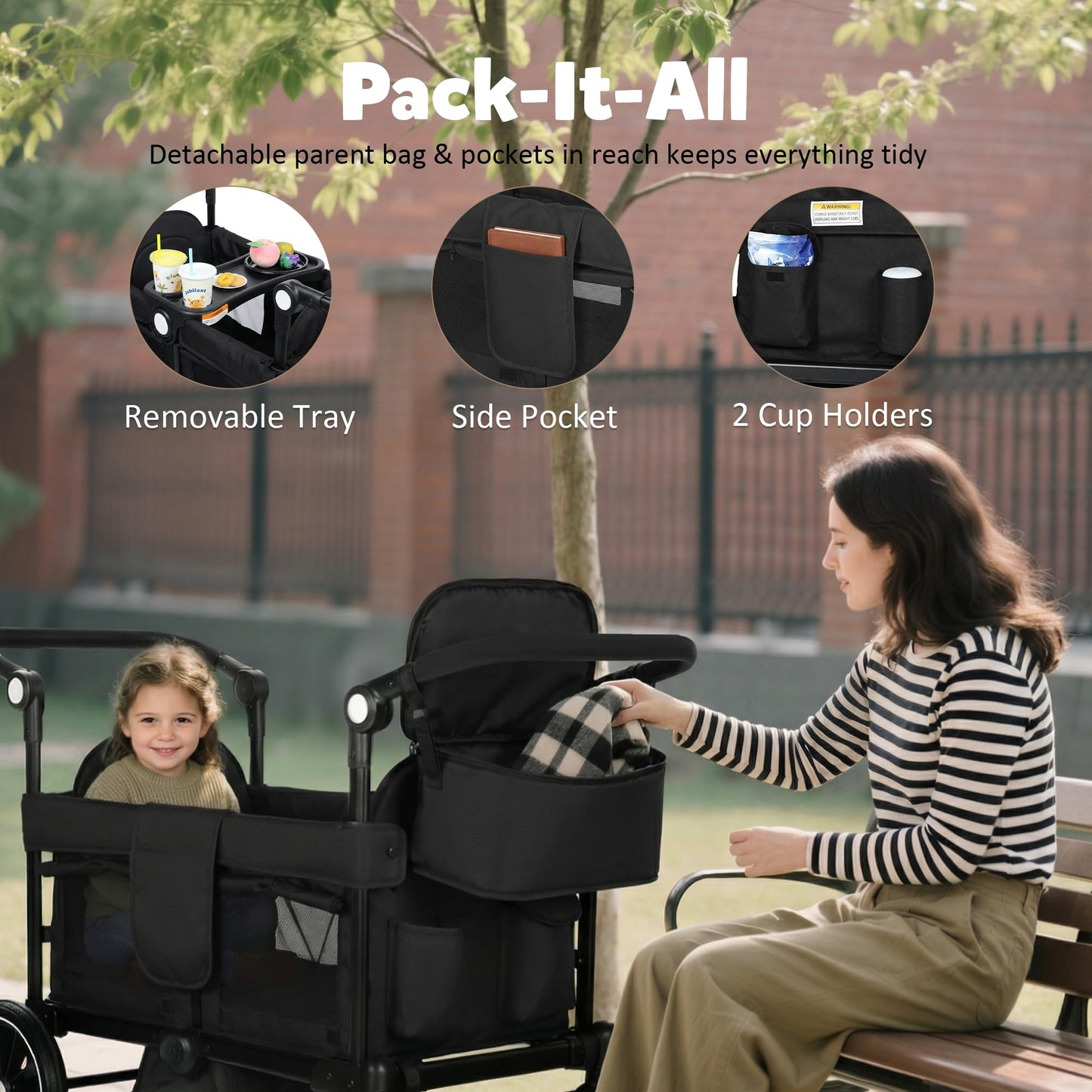 2-Seater Wagon Stroller with Foldable All-Terrain Design & Push-Pull Handle