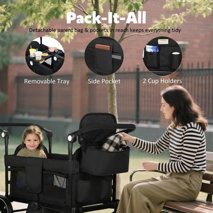 2-Seater Wagon Stroller with Foldable All-Terrain Design & Push-Pull Handle