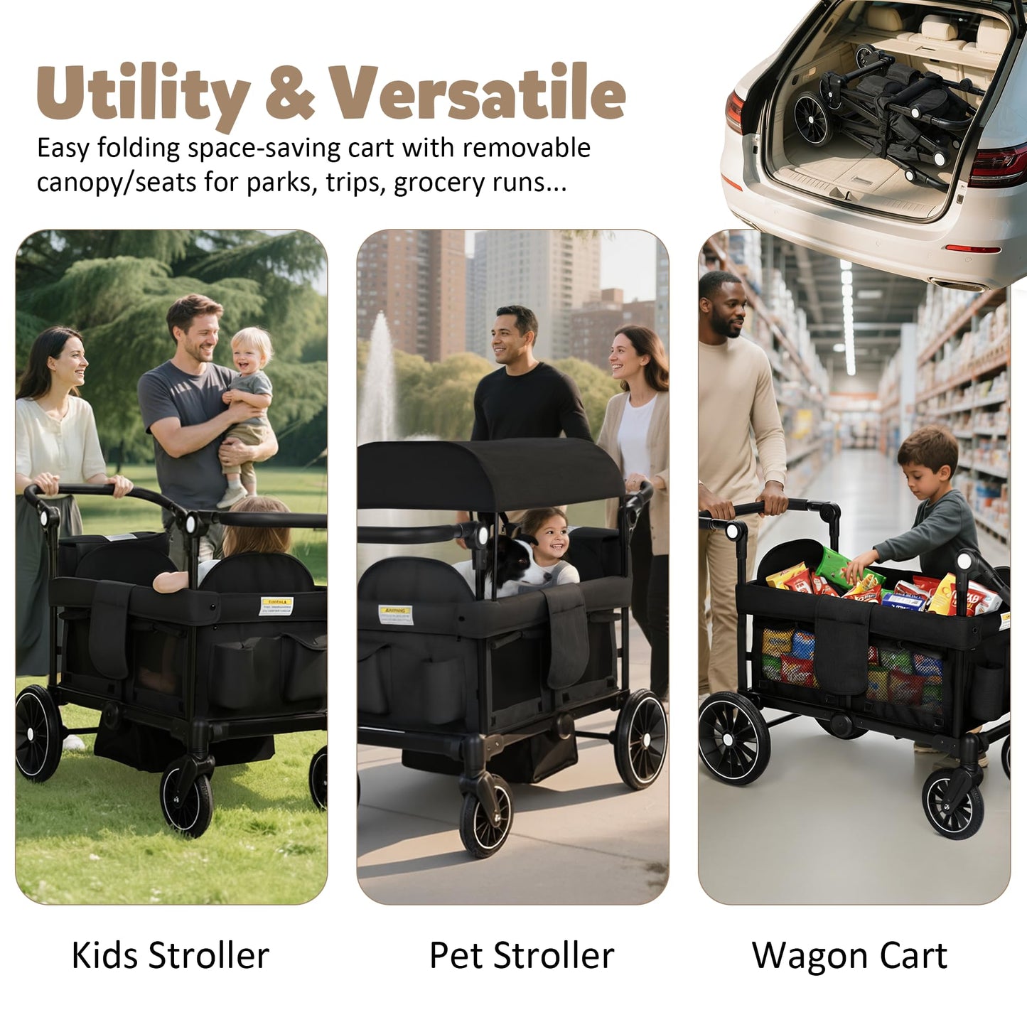 2-Seater Wagon Stroller with Foldable All-Terrain Design & Push-Pull Handle