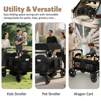 2-Seater Wagon Stroller with Foldable All-Terrain Design & Push-Pull Handle