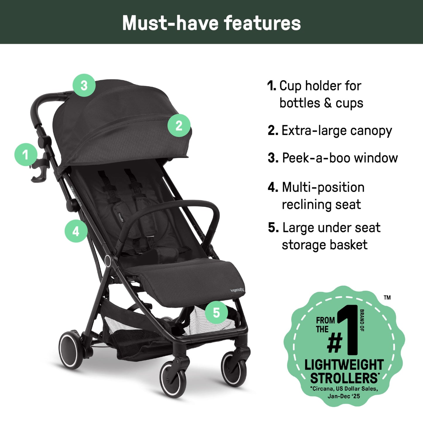 Lightweight Travel Stroller with Ride-On Board, One-Hand Fold & Airplane-Ready Compact Design