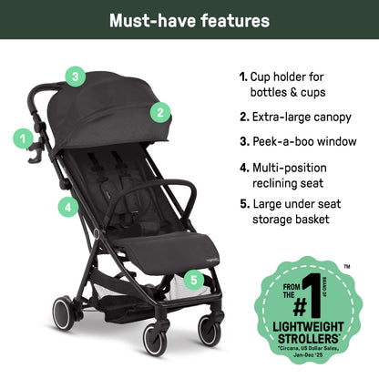 Lightweight Travel Stroller with Ride-On Board, One-Hand Fold & Airplane-Ready Compact Design