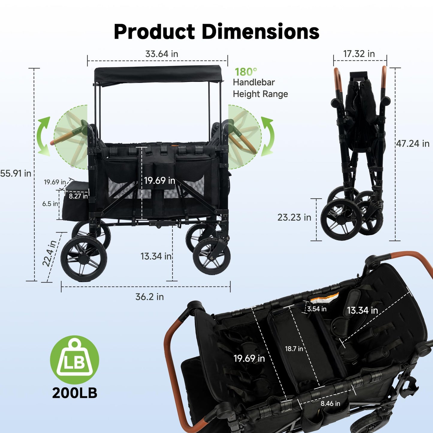 4-Seater All-Terrain Wagon Stroller with 5-Point Harness, UV Canopy & Adjustable Handlebar