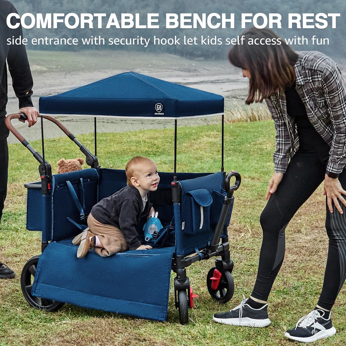 2-Seater Wagon Stroller with Side-Zip Access Door, Push-Pull Handle & UV Canopy