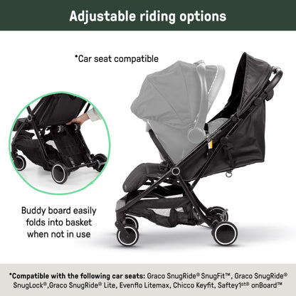 Lightweight Travel Stroller with Ride-On Board, One-Hand Fold & Airplane-Ready Compact Design