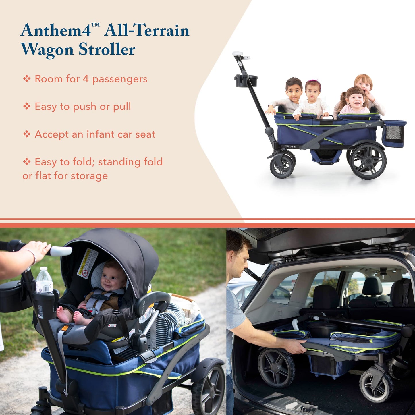 Quad All-Terrain Wagon Stroller with Easy Push & Pull, Removable Canopy & Foldable Design