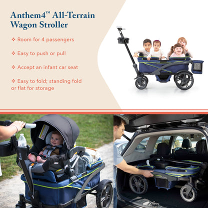 Quad All-Terrain Wagon Stroller with Easy Push & Pull, Removable Canopy & Foldable Design