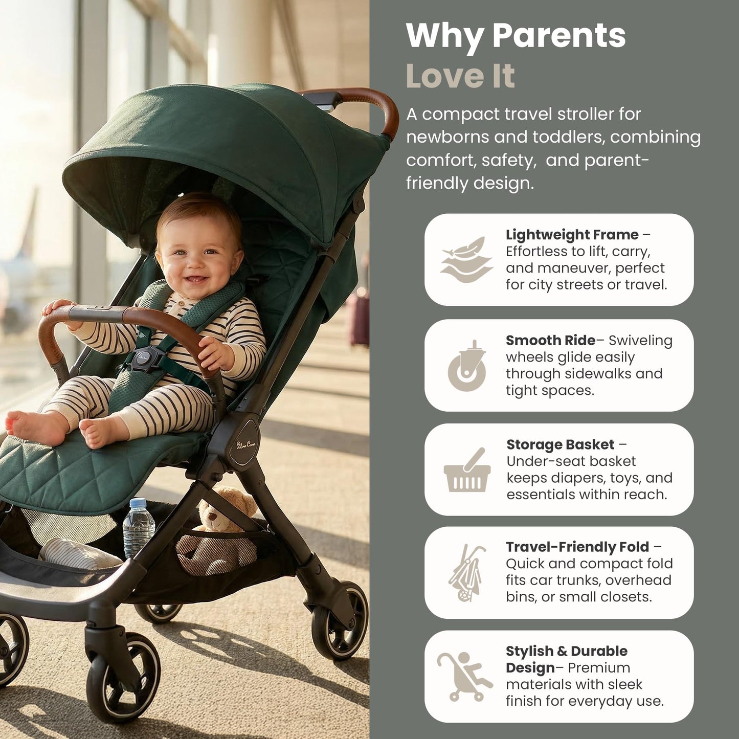 Compact Lightweight Travel Stroller with One-Hand Fold & Cabin-Friendly Design