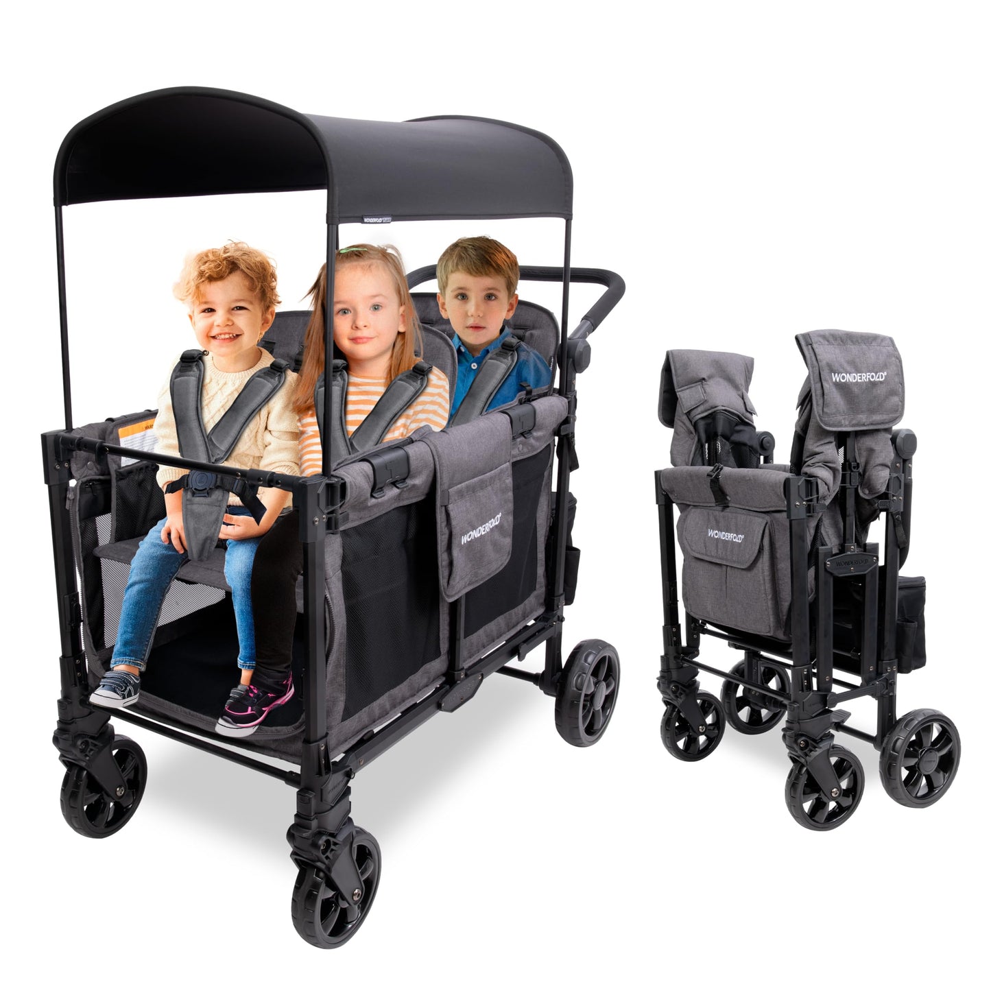 Premium 4-Seater Wagon Stroller with Removable Raised Seats & Adjustable Canopy