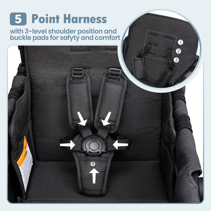 2-Seater Wagon Stroller with High Seat Design, 5-Point Harness & Foldable All-Terrain Frame