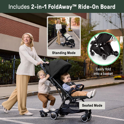 Lightweight Travel Stroller with Ride-On Board, One-Hand Fold & Airplane-Ready Compact Design