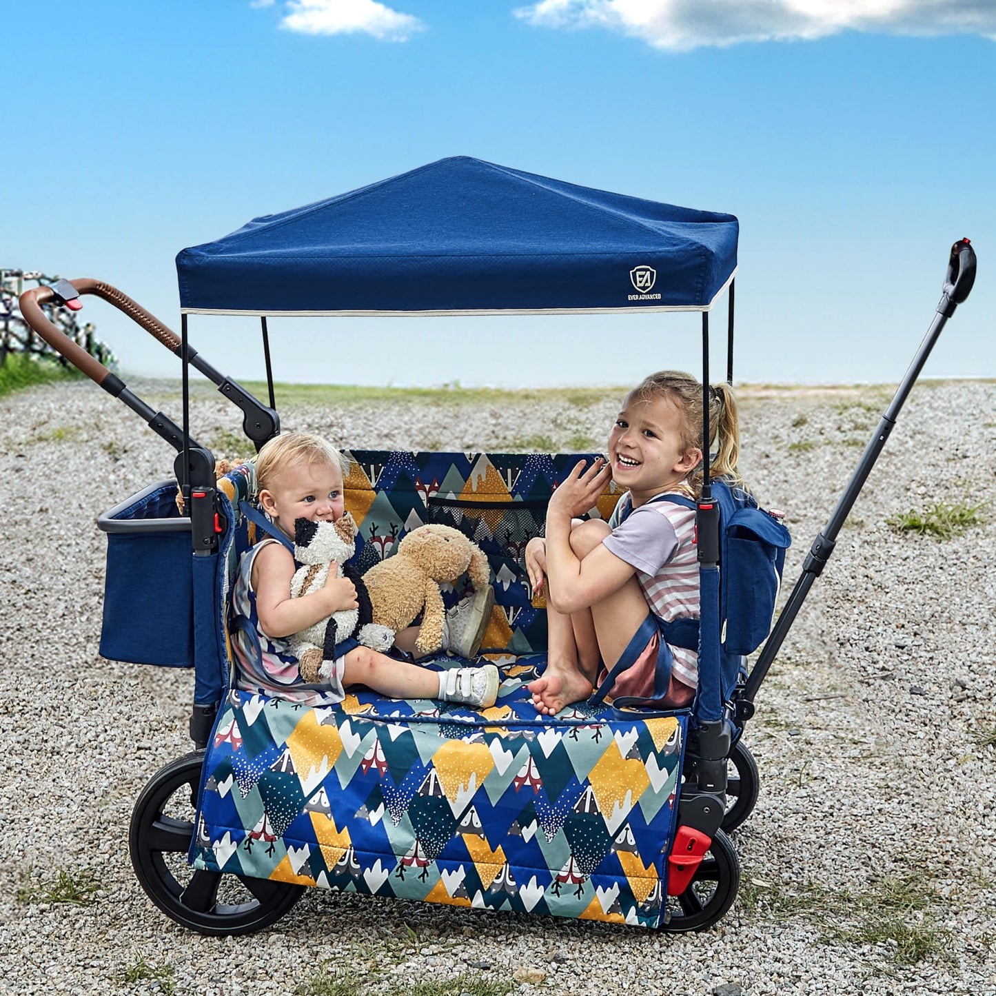 2-Seater Wagon Stroller with Side-Zip Access Door, Push-Pull Handle & UV Canopy